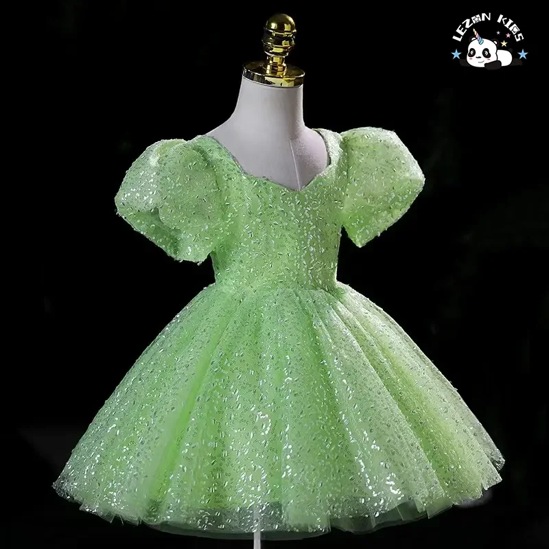 LEZONKIDS - Novo Vestido de Princesa Mori com Mangas Bufantes Verdes para Desfile de Moda com Lantejoulas e Laço para Meninas